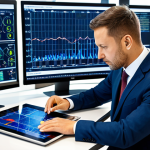 A professional energy analyst, fully clothed in a modest business suit, sits focused at a large, modern desk in a high-tech control room. Behind them, a panoramic digital display projects a detailed map of Poland, showcasing overlayed wind speed data, solar irradiance patterns, and intricate energy grid infrastructure. The analyst is seen reviewing schematics on a tablet, with well-formed hands resting naturally on the desk. The scene emphasizes precision and data-driven decision-making. Perfect anatomy, correct proportions, natural pose, proper finger count, professional photography, high quality, safe for work, appropriate content, fully clothed, professional.